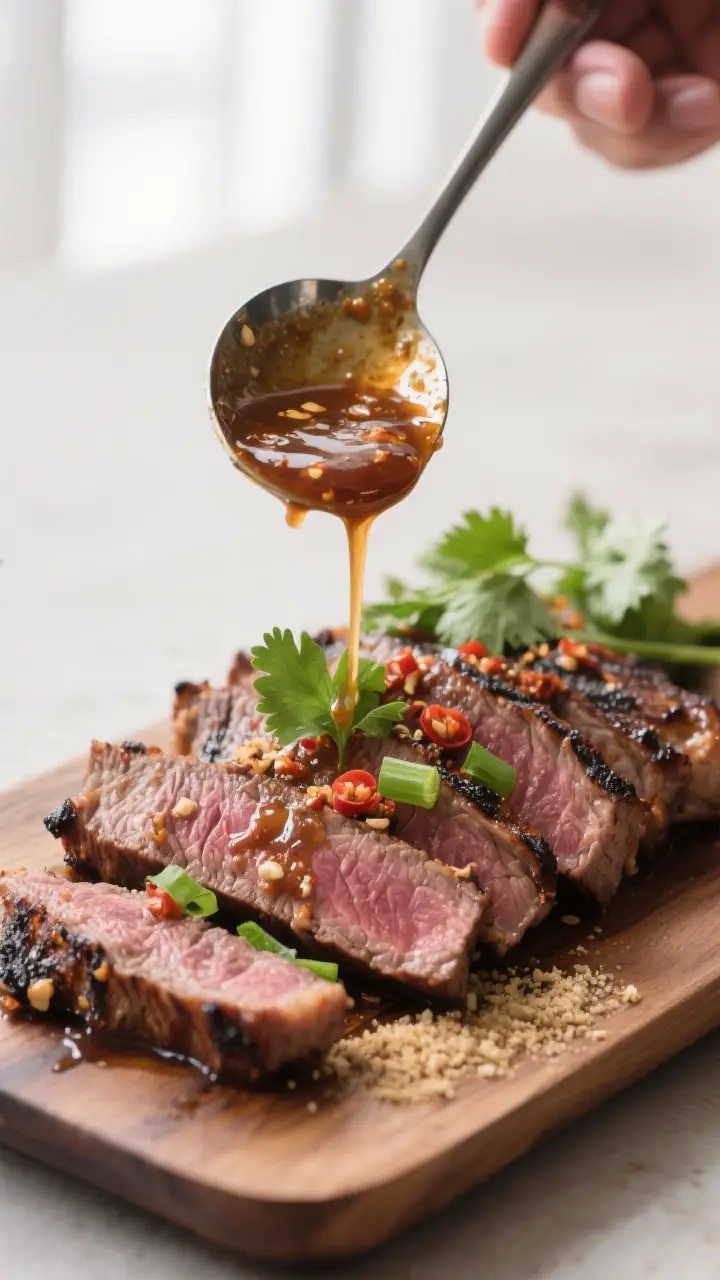 Cooking process shot: Sliced grilled flank steak resting on a wooden board with visible char and ros