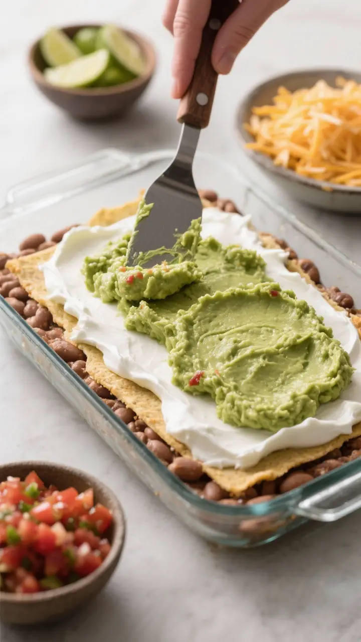 Cooking process shot: The layering step in progress—an offset spatula gently smoothing a thick, ev