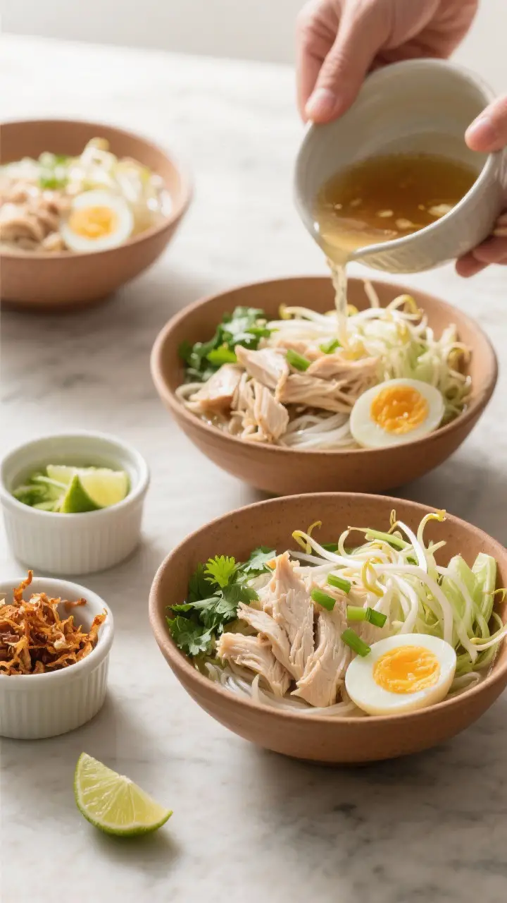 Cooking process: Shredded chicken and springy rice vermicelli being assembled in warm bowls while th