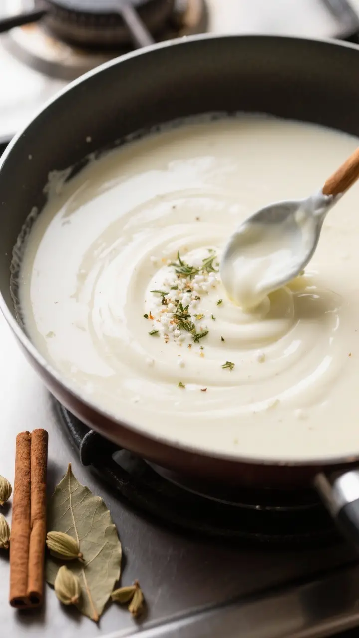 Cooking process: Silky white gravy finishing in a shallow sauté pan—pale, creamy sauce being stir