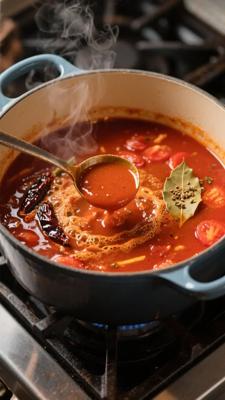 Cooking process: Sopa Azteca base simmering in a wide pot—deep red tomato, pasilla/ancho, and chip