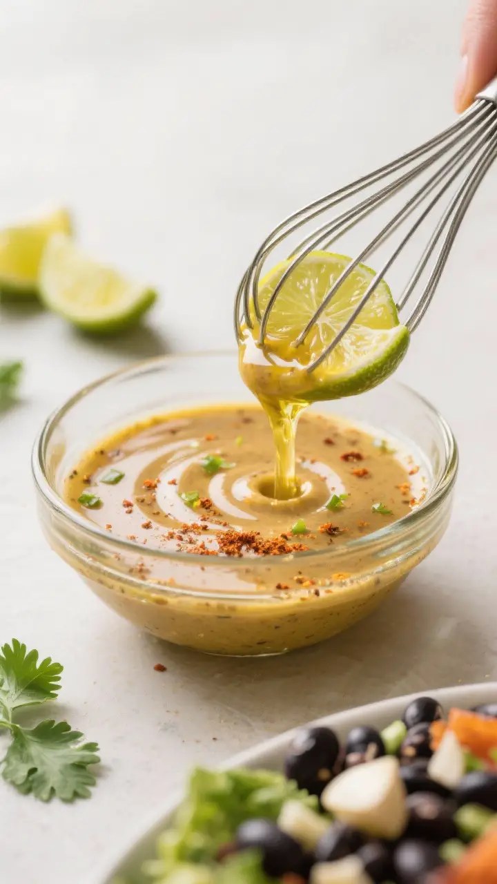 Cooking process: Southwest Black Bean Salad dressing being whisked in a small glass bowl—golden ex