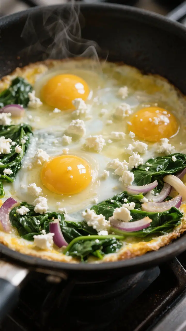 Cooking process: Stove-to-oven moment showing the egg mixture just poured over a sautéed spinach, o