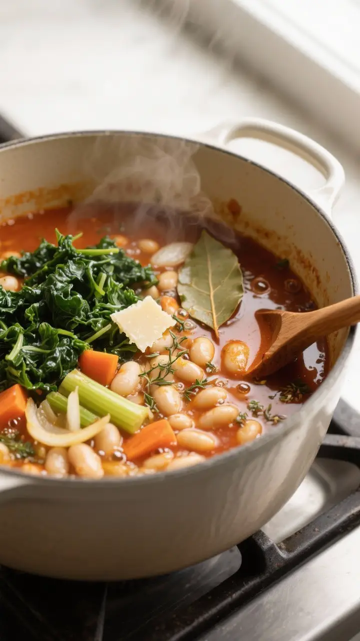 Cooking process, stovetop: A large Dutch oven at a gentle simmer with white bean and kale soup mid-c