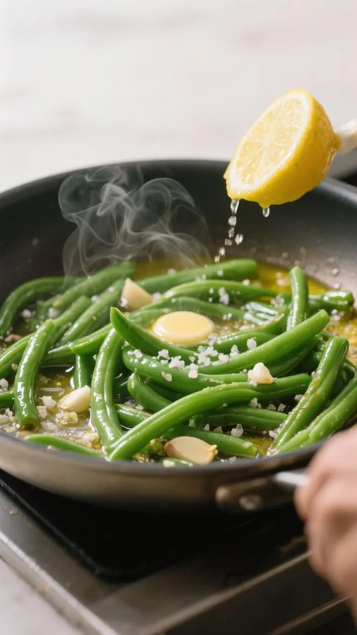 Cooking process: Tender-crisp green beans being sautéed in the same pan with melted butter and oliv