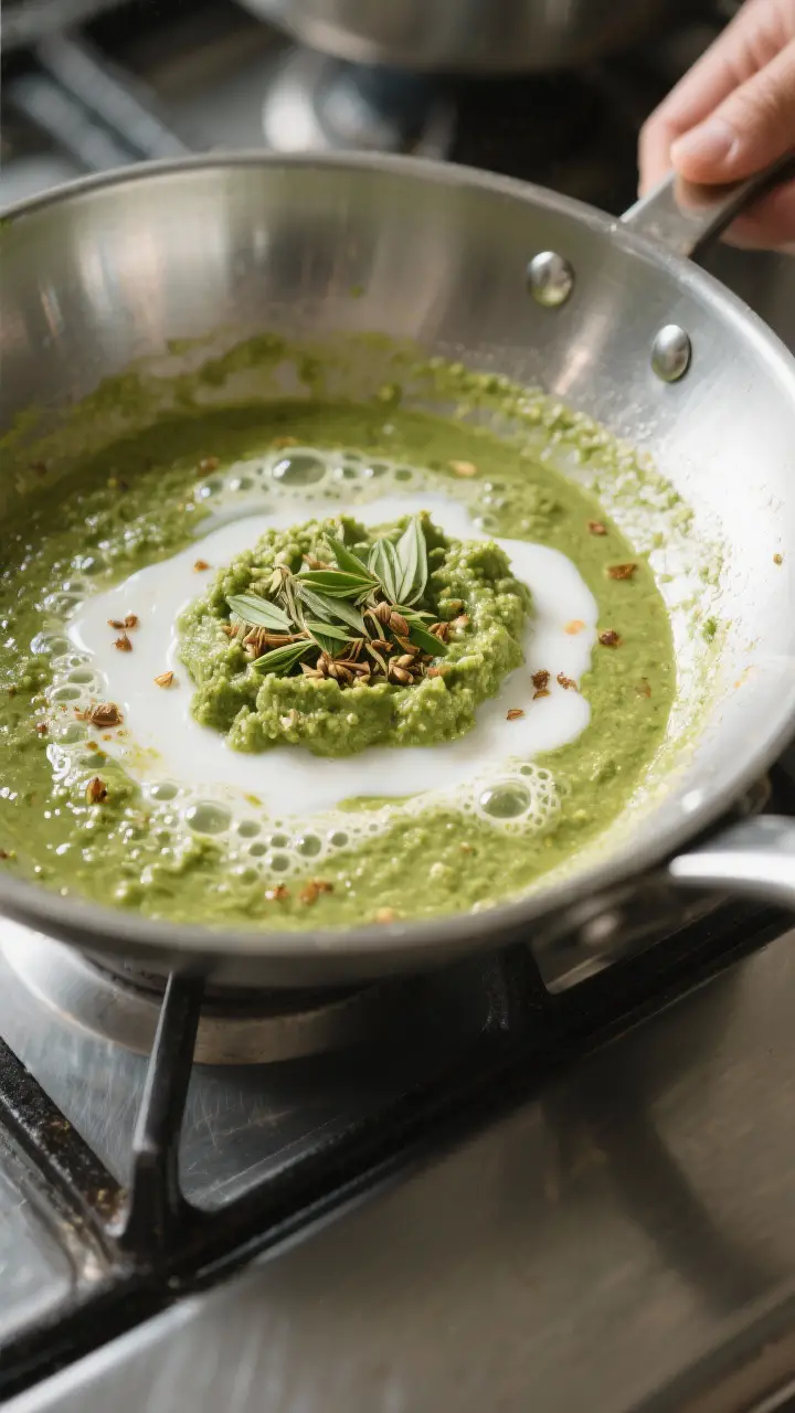 Cooking process: Thai green curry blooming in a heavy stainless sauté pan—paste sizzling in a thi