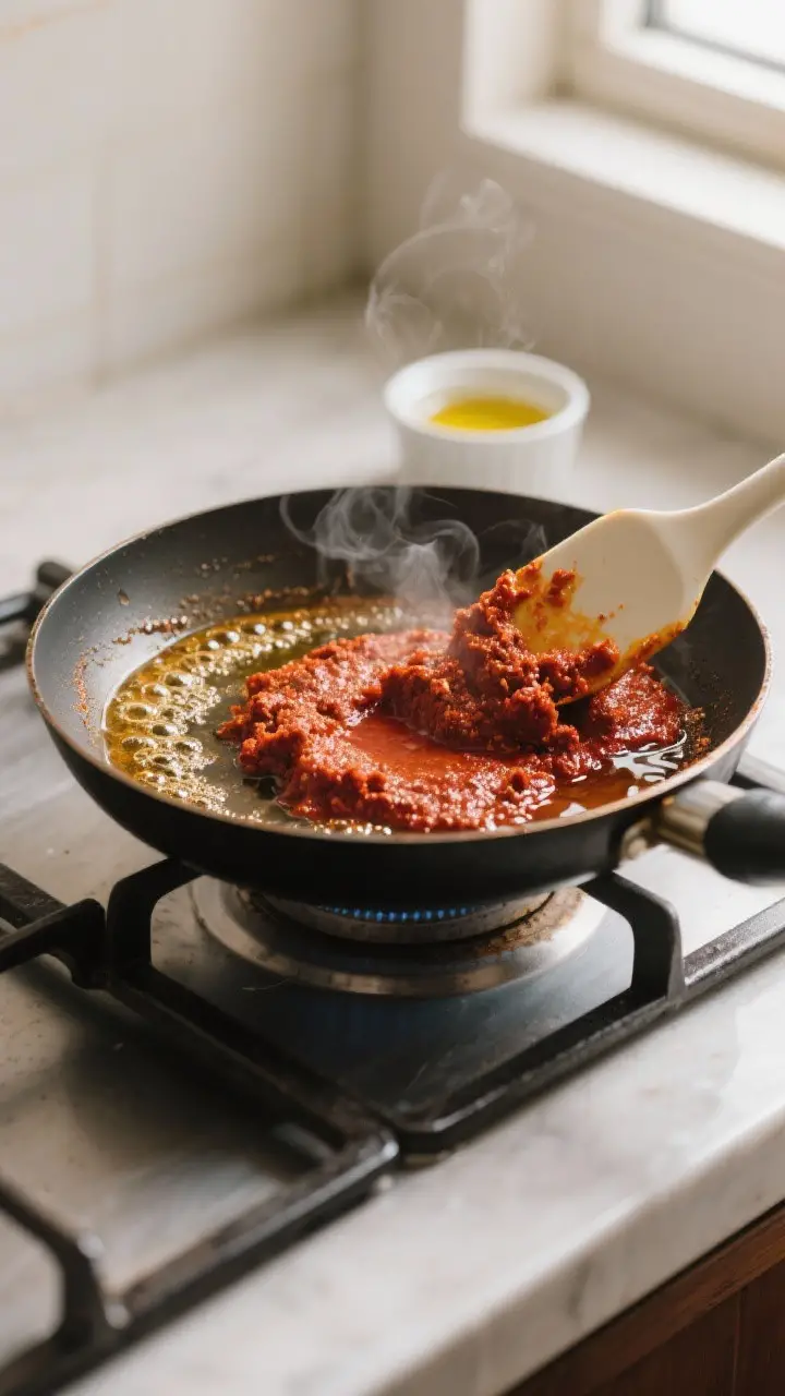 Cooking process: Thai red curry paste gently frying in a small carbon-steel skillet over low heat, p
