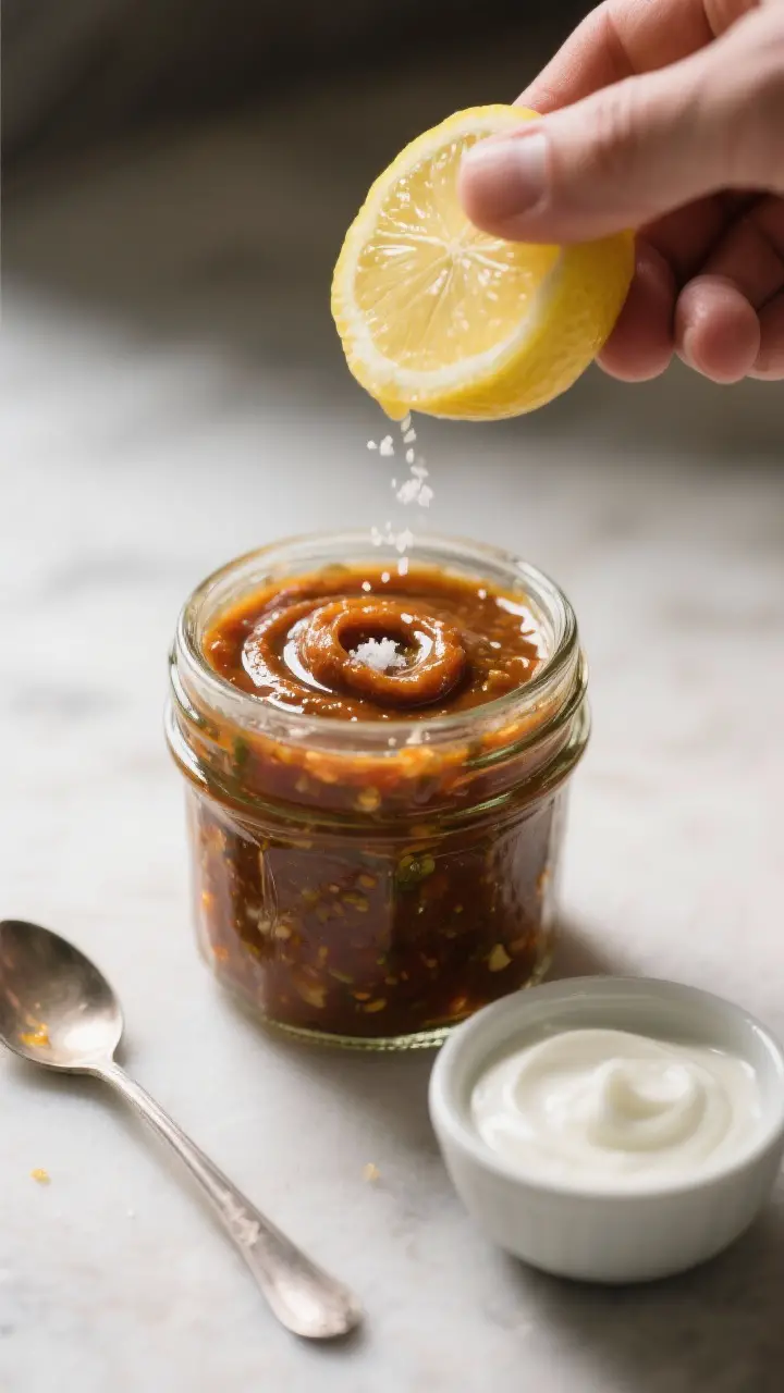 Cooking process: The blended chutney being adjusted and finished in a small glass jar—action shot