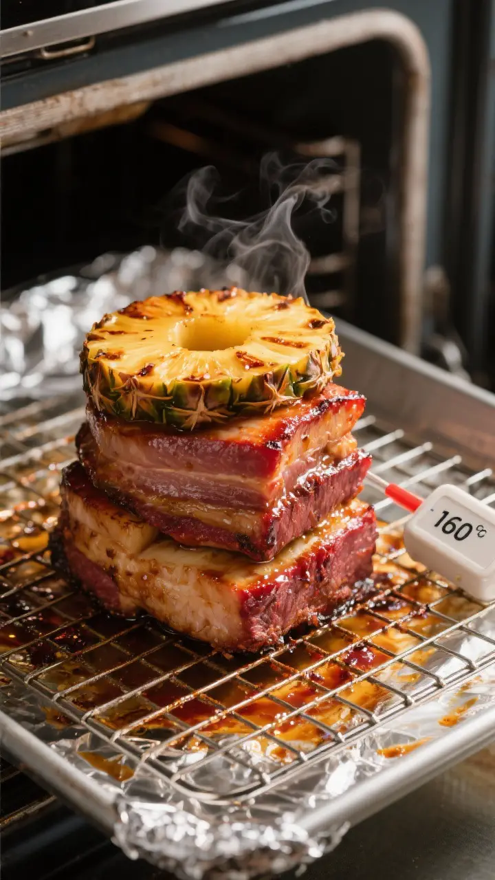 Cooking process: The compact pork-and-pineapple stack roasting on a foil-lined sheet pan with a wire