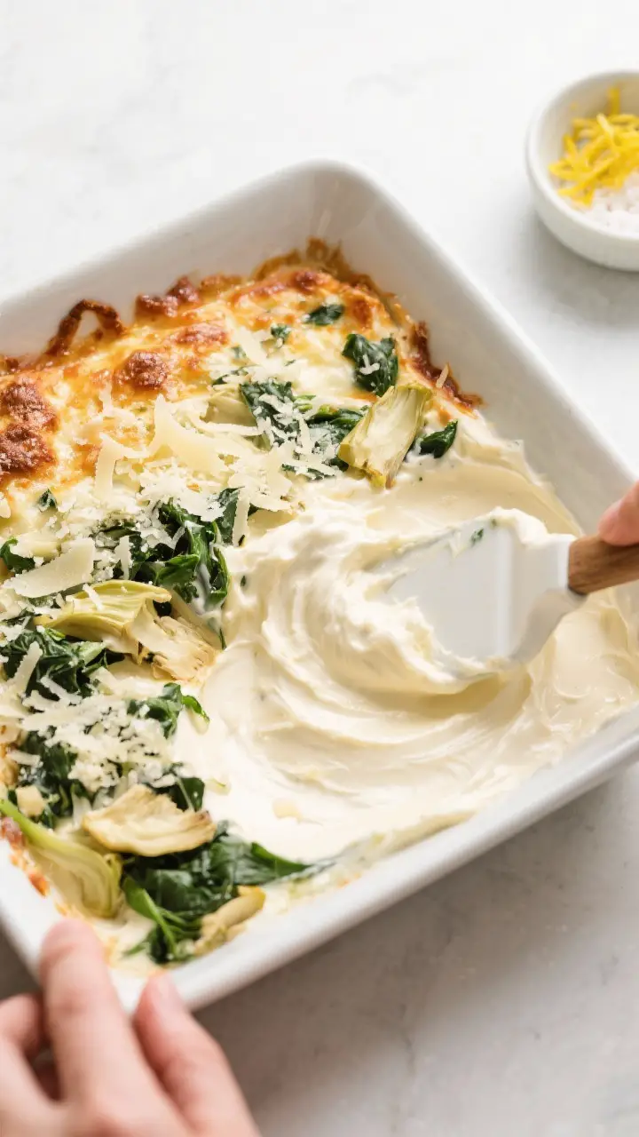 Cooking process: The creamy dip base being spread evenly into an 8x8 baking dish with a spatula—th