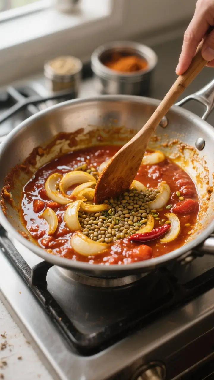 Cooking process: The masala phase in a stainless sauté pan—soft golden onions coated in rich toma