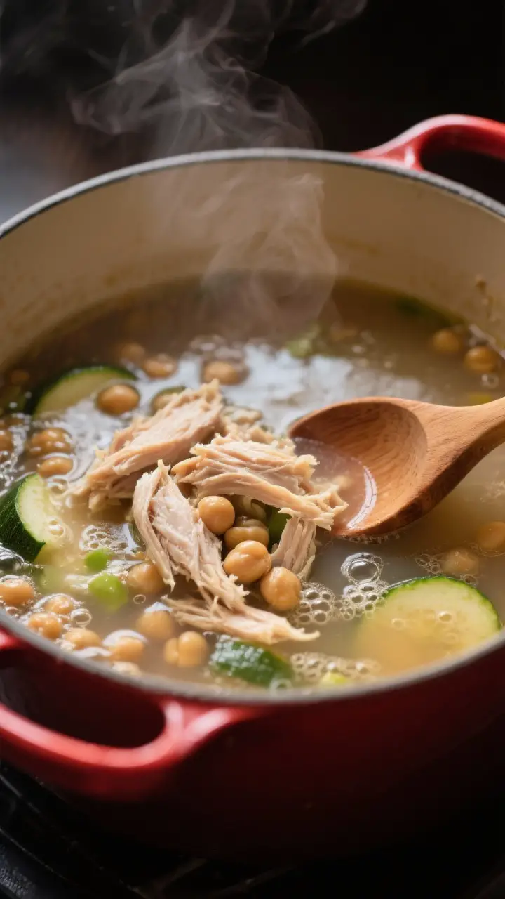 Cooking process: The soup mid-simmer in a Dutch oven, showing the “build the broth” stage after