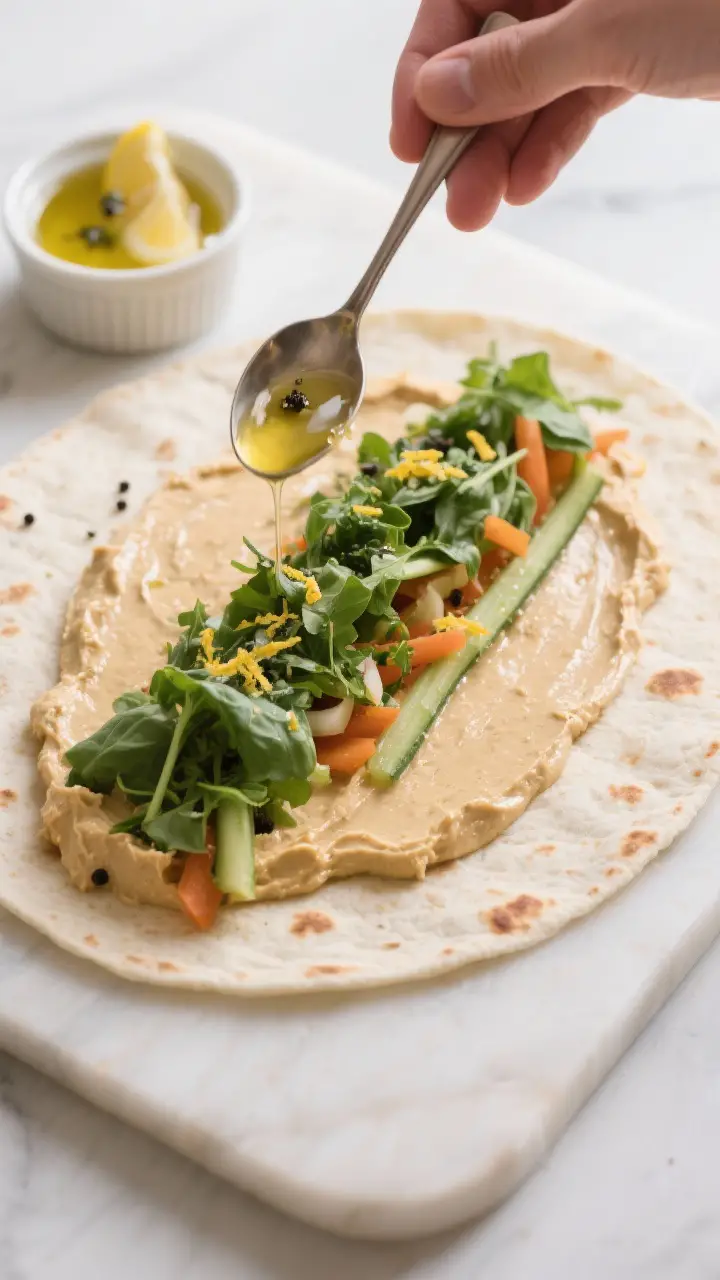 Cooking process: Warm tortilla being spread with a thick layer of classic hummus and topped with com