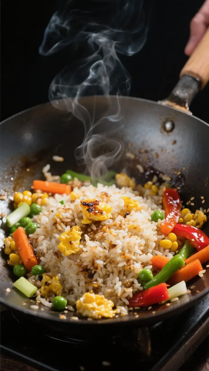 Cooking process, wok sear: Day-old jasmine fried rice toasting in a hot carbon-steel wok, veggies pu