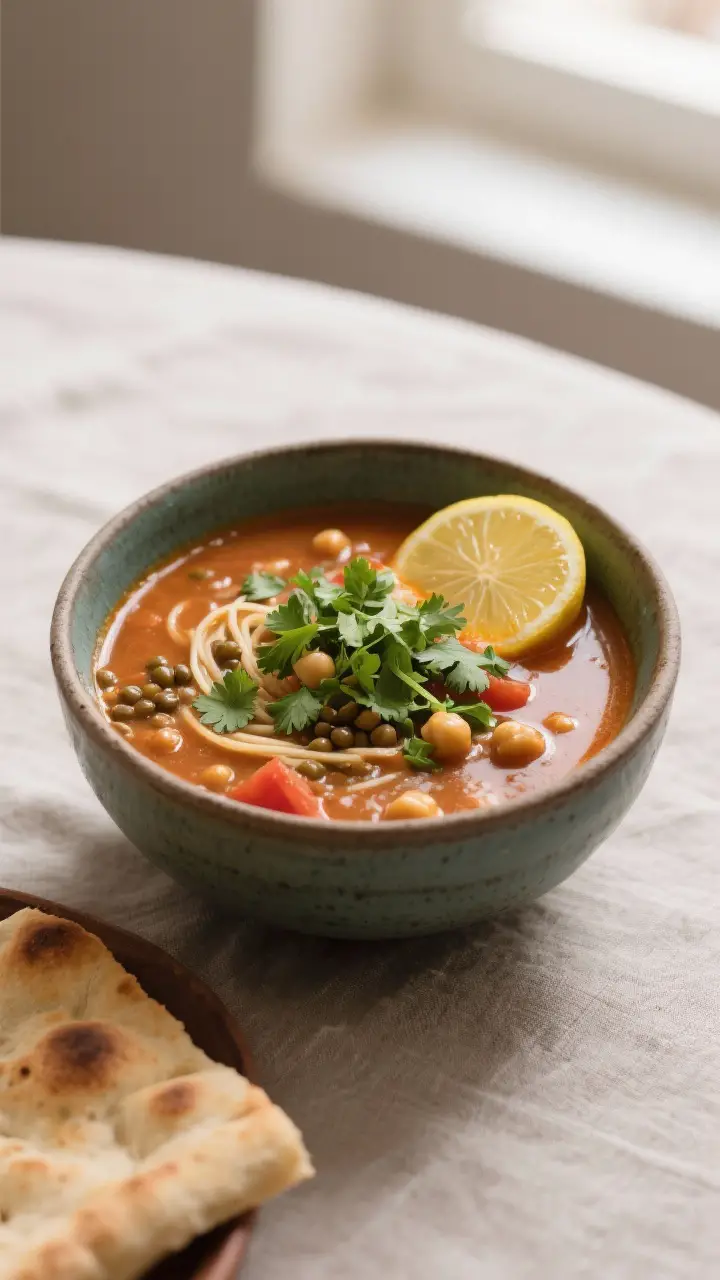 Final bowl, restaurant-quality presentation: A deep ceramic bowl of Harira, beautifully plated, garn