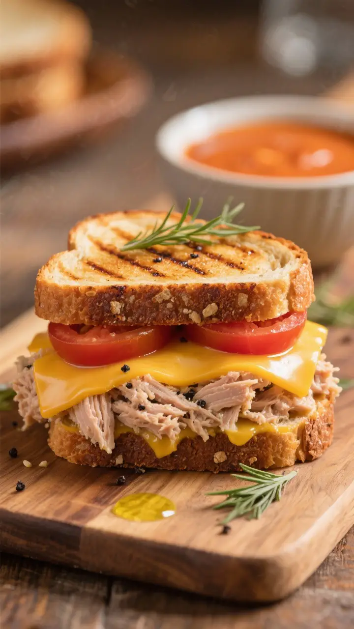 Final dish, beauty close-up: Stacked tuna melt on rye, extra-melty cheddar draping over juicy tomato