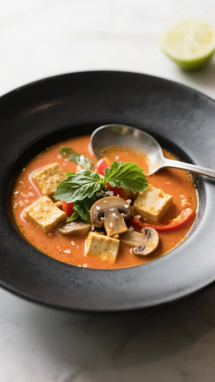 Final dish beauty: Restaurant-quality plated Thai Coconut Curry Soup in a shallow matte-black bowl t