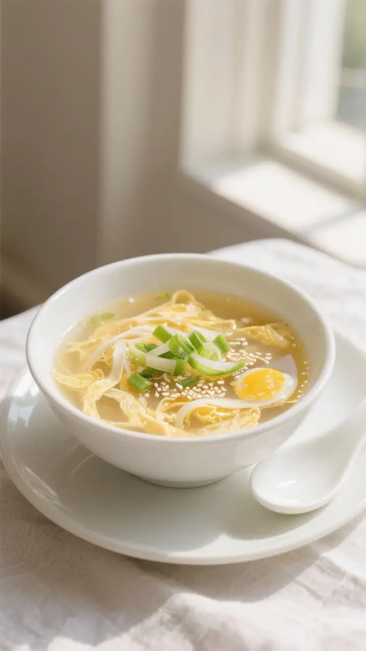 Final dish beauty shot: Bowl of homemade Egg Drop Soup with silky, pale-yellow egg ribbons floating 