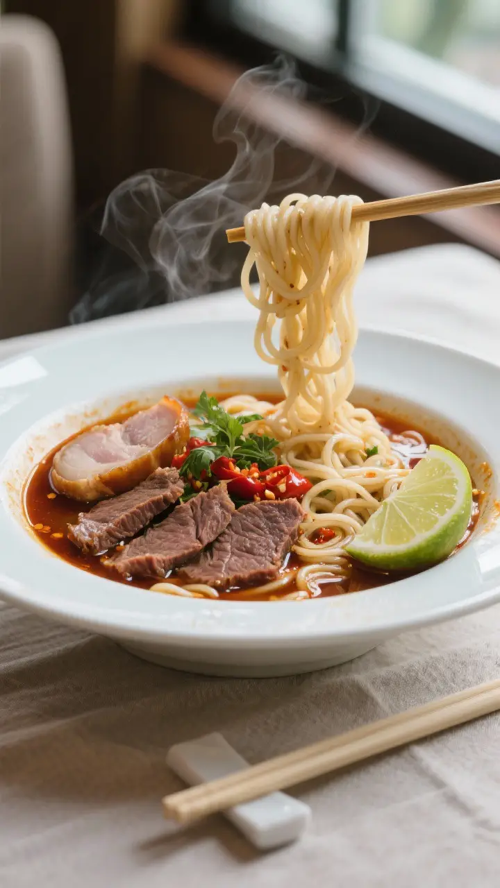 Final dish beauty: Three-quarter angle hero shot of Bun Bo Hue plated restaurant-style—chewy round