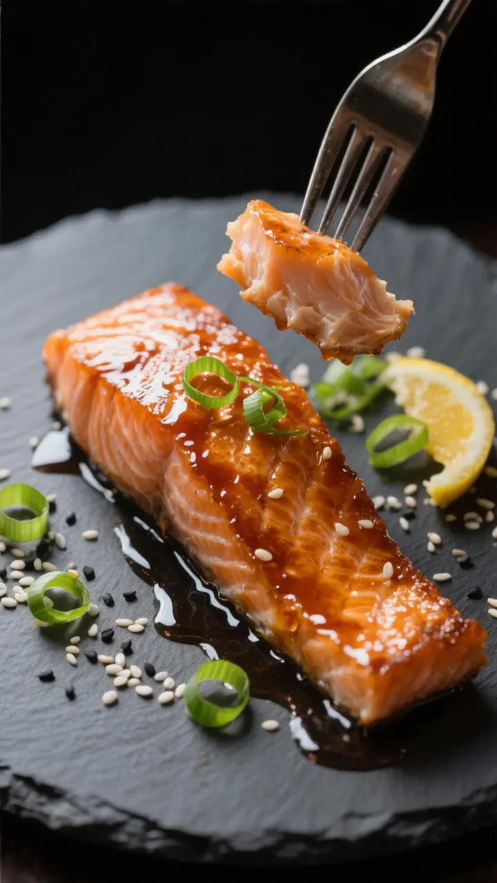 Final dish glamour: Restaurant-style presentation of a single salmon fillet on a dark slate plate, g