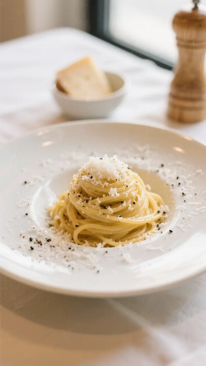 Final dish, overhead: Beautifully plated cacio e pepe twirled into a neat nest on a warm white ceram