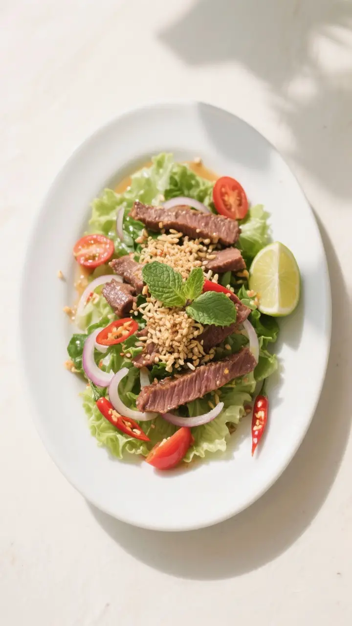 Final dish — overhead presentation: Overhead shot of Yum Nua plated on a wide white platter over a