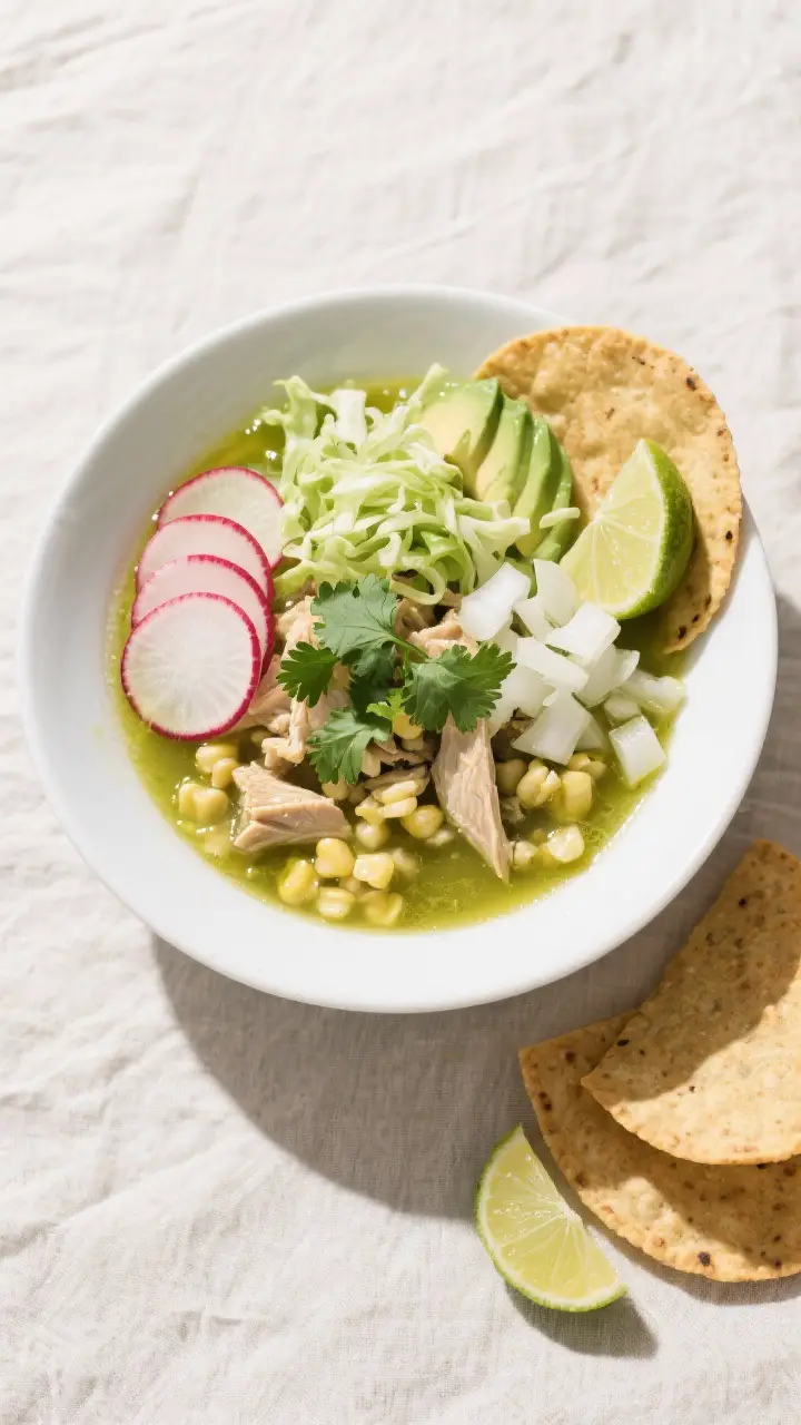 Final dish — overhead serving with toppings: Overhead shot of a wide, white bowl filled with pozol
