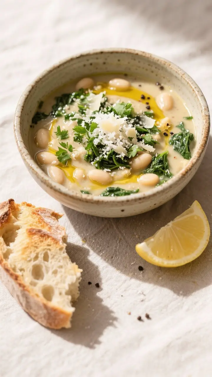 Final dish, overhead: Top-down shot of a rustic ceramic bowl filled with white bean and kale soup, g