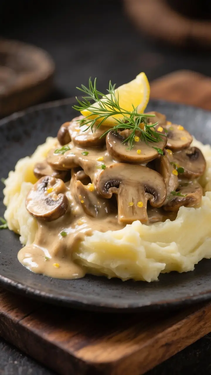 Final dish, plated hero: Creamy mushroom stroganoff served over buttery mashed potatoes, sauce thick