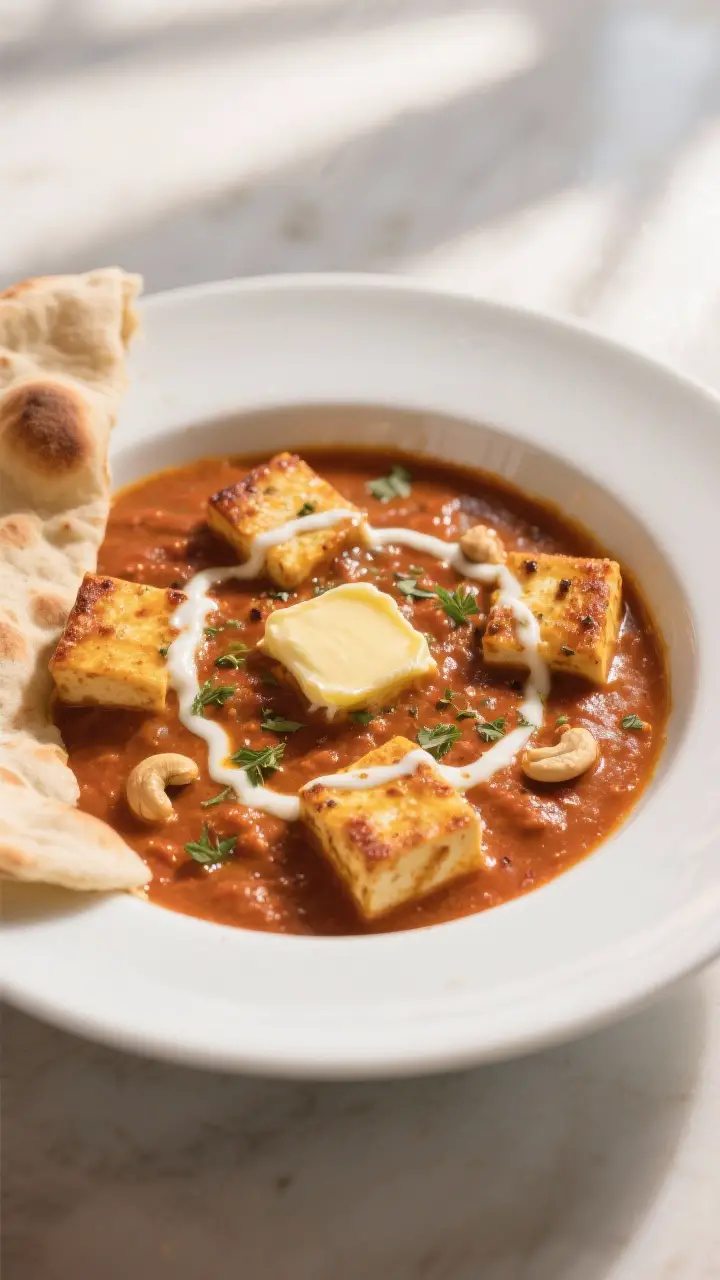 Final dish plated: Paneer makhani finished in the sauce—golden-seared paneer cubes nestled in rich