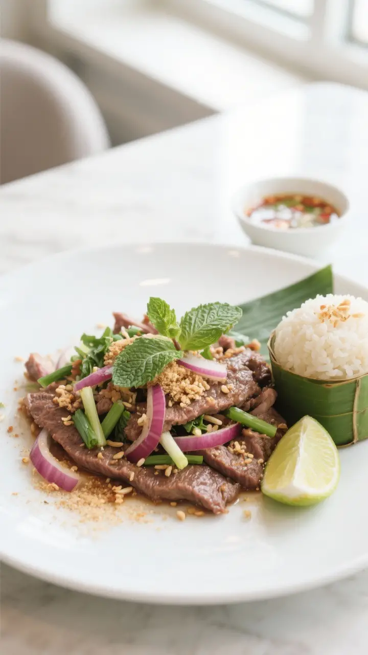 Final dish, plated presentation: Nam Tok Neua artfully arranged on a wide white plate, thin slices o