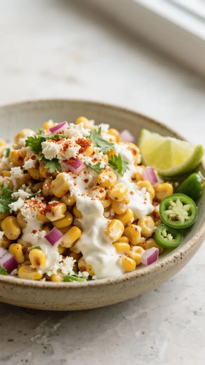 Final dish, plated presentation: Warm esquites piled high in a rustic ceramic bowl, kernels coated i