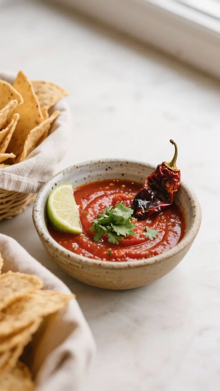 Final dish presentation: A rustic ceramic bowl filled with silky salsa roja, vivid red with darker c