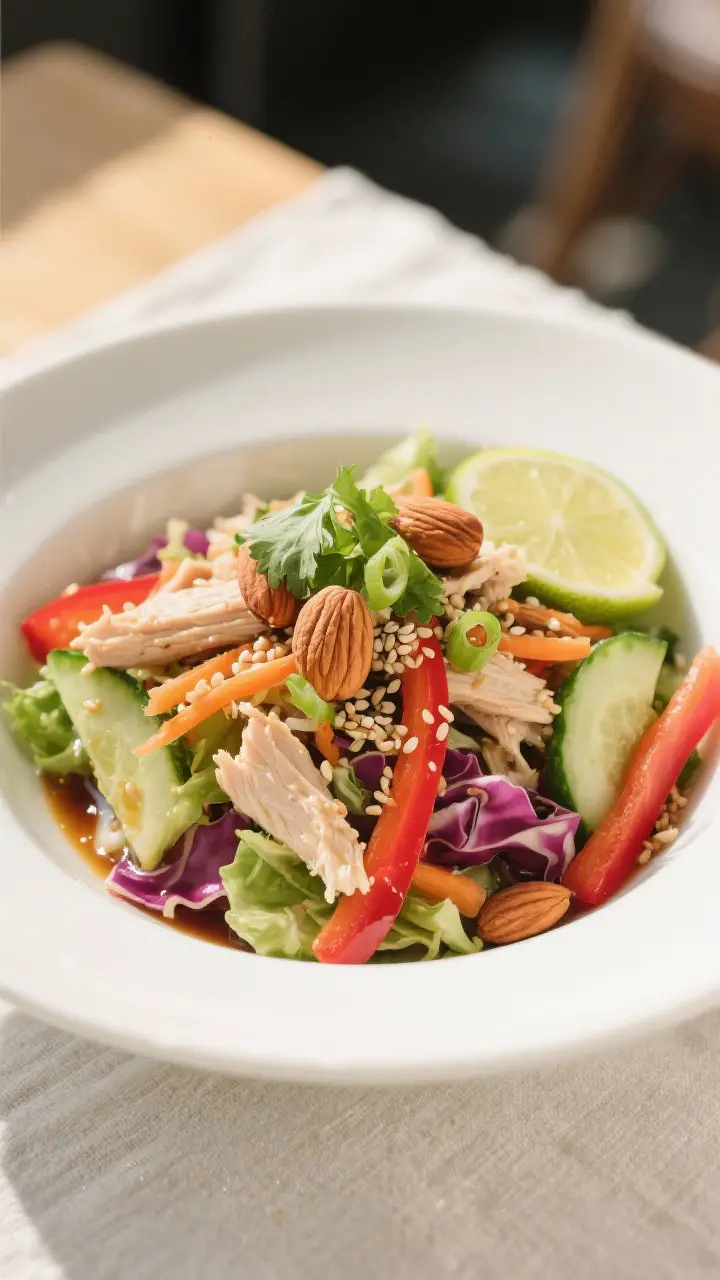 Final dish presentation: Asian Sesame Chicken Salad beautifully plated in a wide, shallow white bowl
