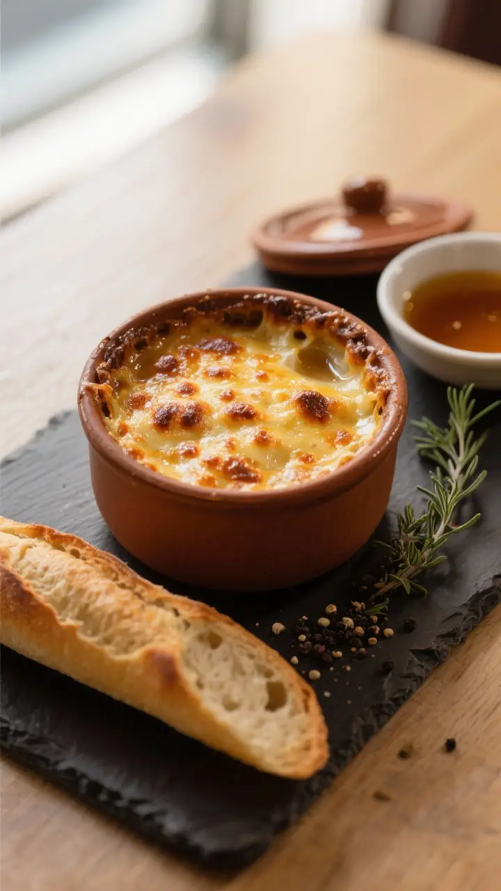 Final dish presentation: Beautifully gratinated French Onion Soup (Gratinée des Halles) with a gold