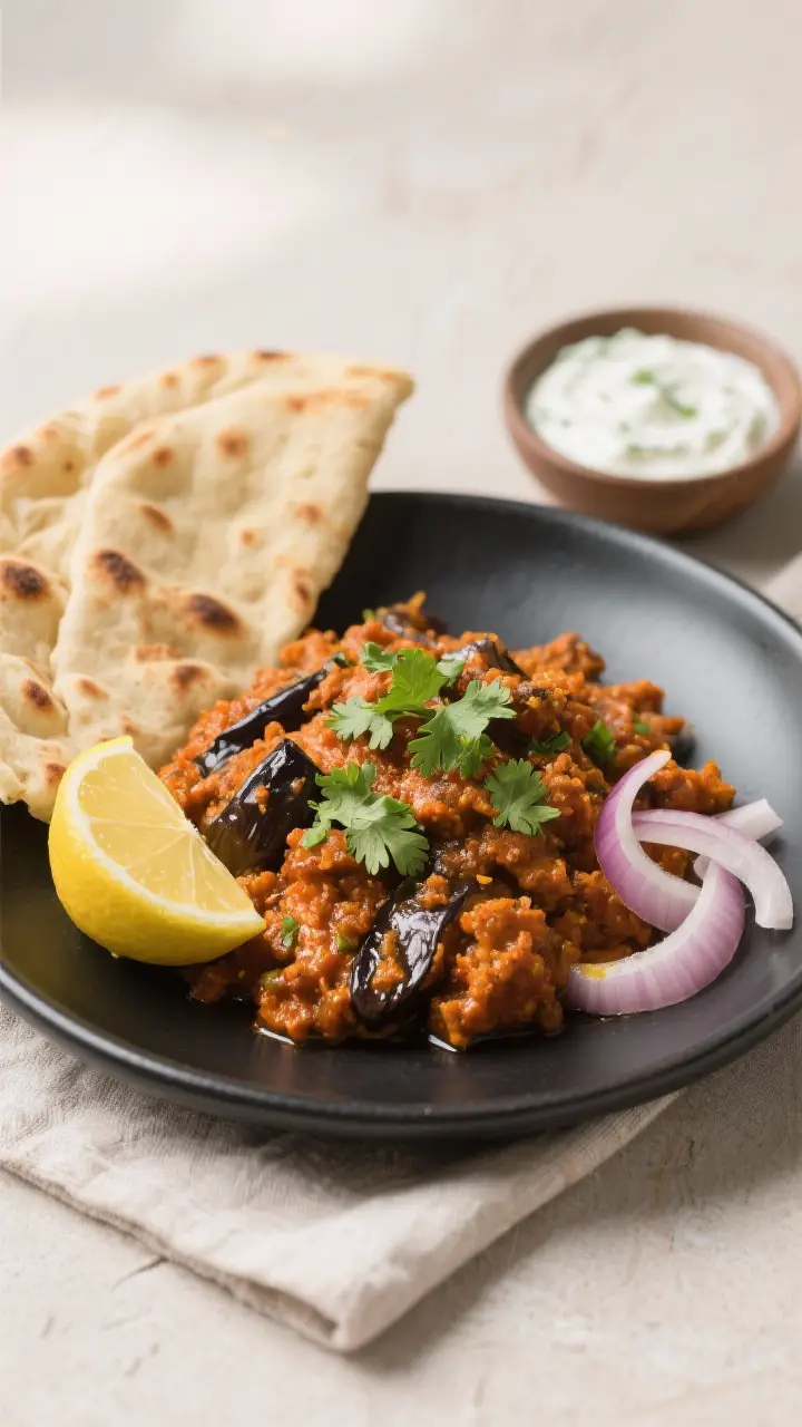 Final dish presentation: Beautifully plated baingan bharta in a low, matte black bowl, garnished wit
