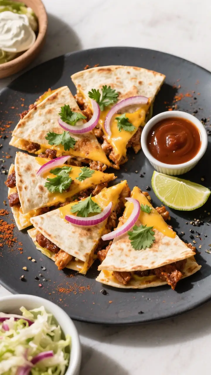 Final dish presentation: Beautifully plated BBQ chicken quesadilla wedges arranged in a fan on a mat