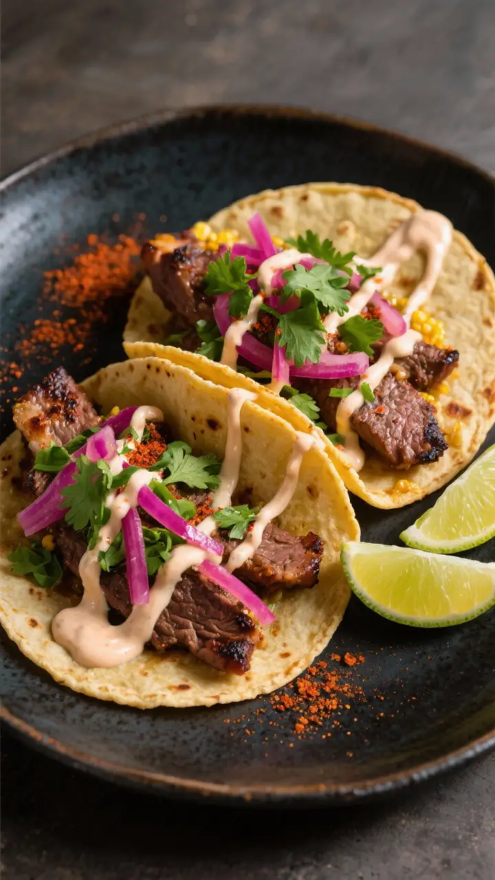 Final dish presentation: Beautifully plated carne asada tacos on warm corn tortillas topped with a g