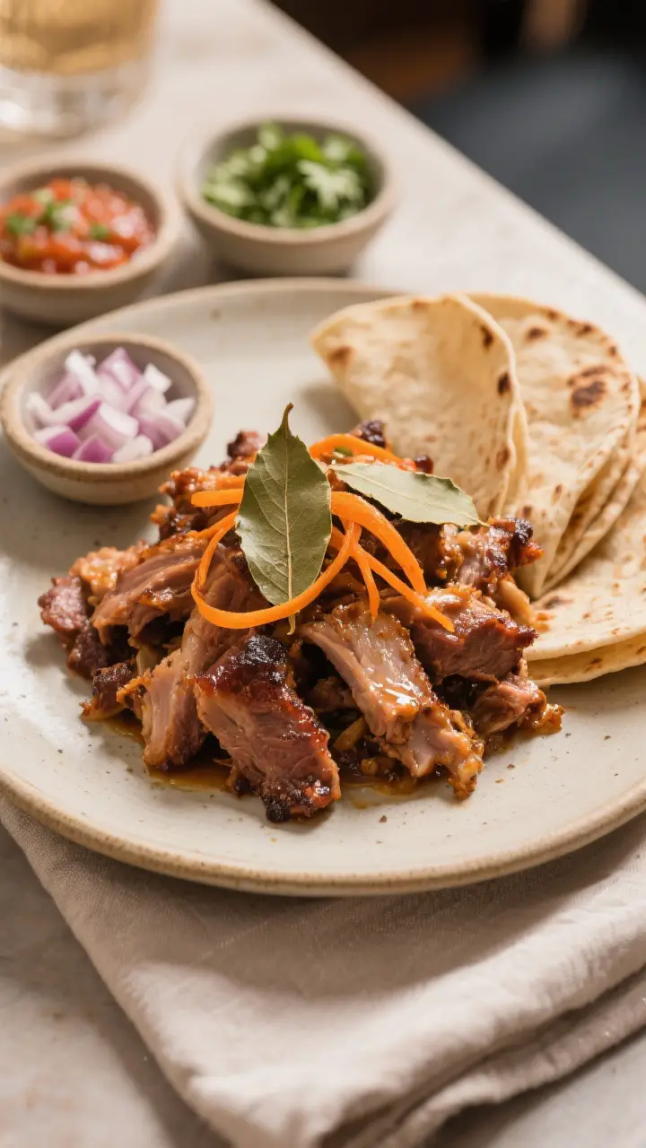 Final dish presentation: Beautifully plated carnitas platter for sharing—mounded, glistening pork 