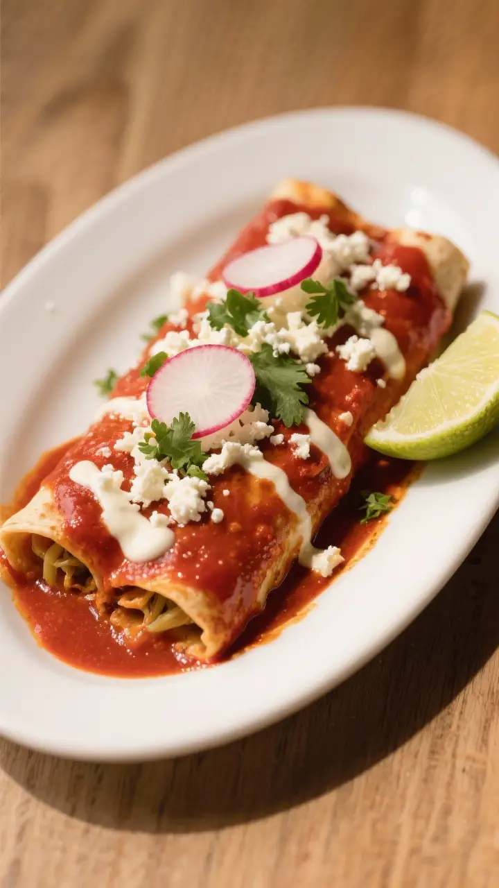 Final dish presentation: Beautifully plated cheese enchiladas smothered in the finished sauce, toppe