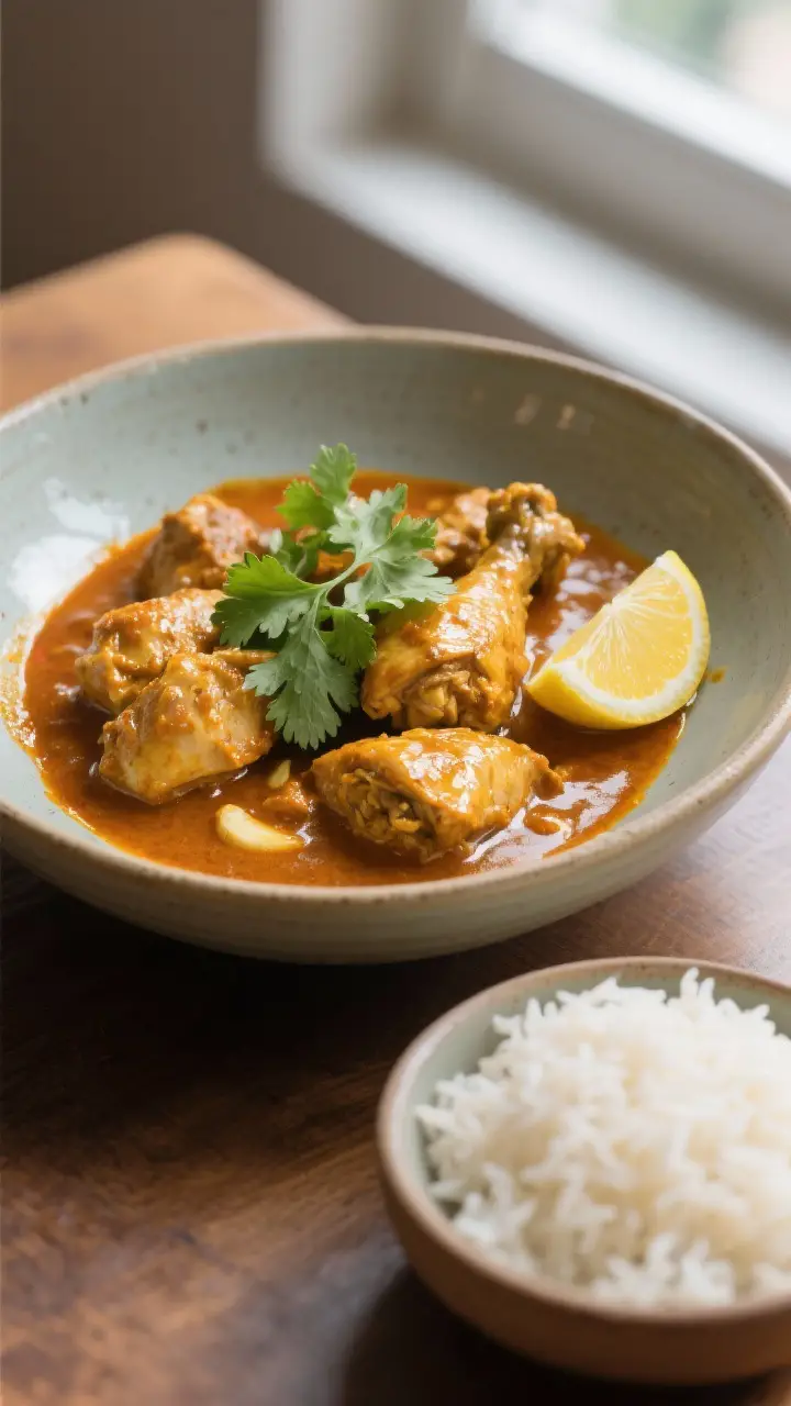 Final dish presentation: Beautifully plated chicken curry showcasing the paste’s impact—rich, gl