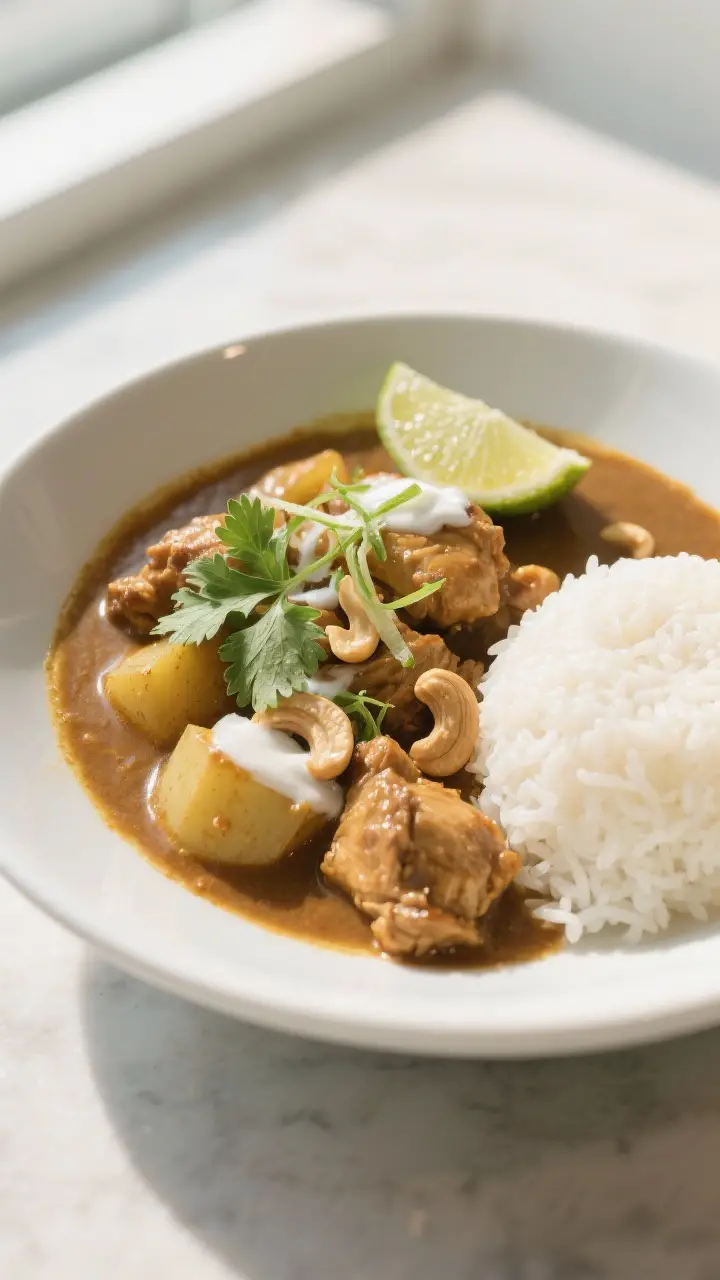 Final dish presentation: Beautifully plated chicken Massaman curry in a wide, shallow white bowl—s