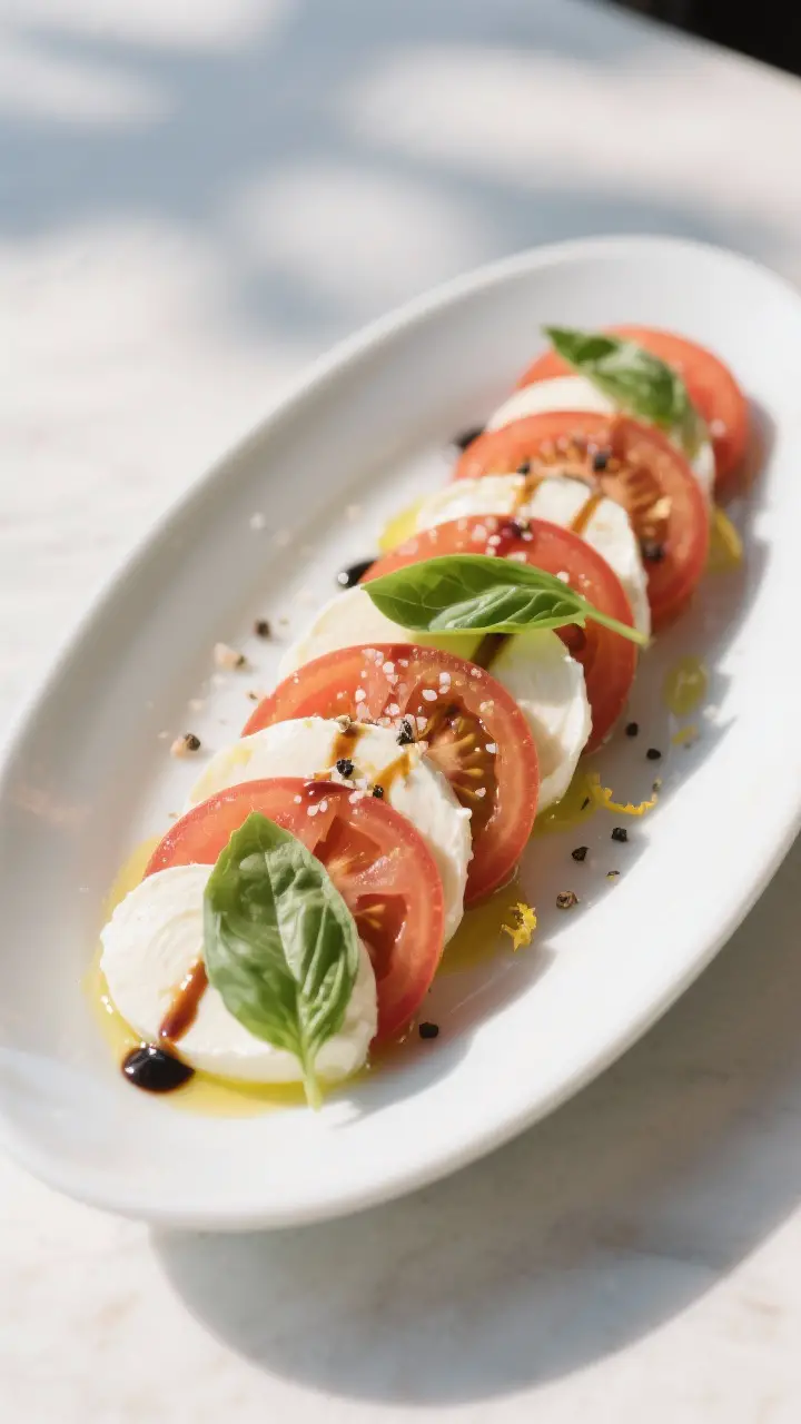 Final dish presentation: Beautifully plated classic Caprese salad on a white oval platter—alternat