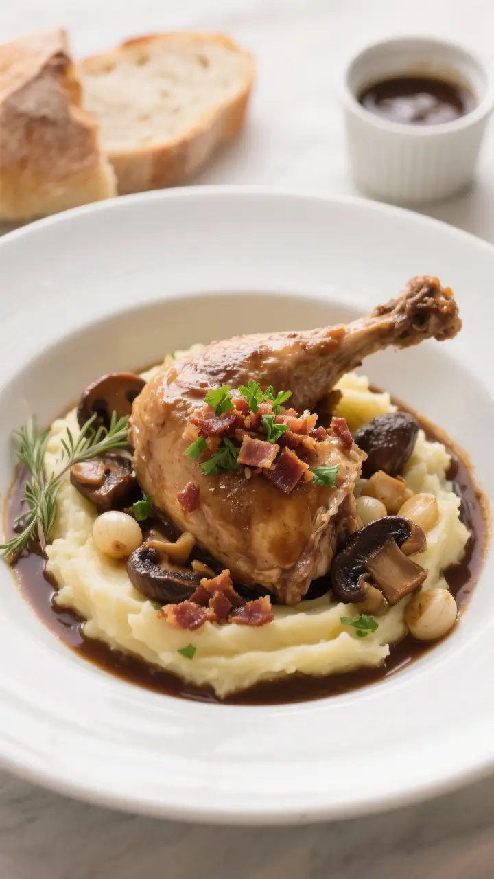 Final dish presentation: Beautifully plated coq au vin in a wide, shallow white bowl—succulent chi