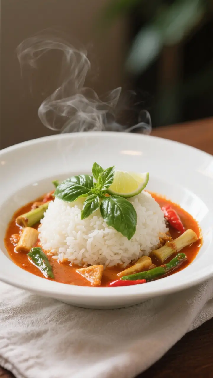 Final dish presentation: Beautifully plated Gaeng Phed ladled over a mound of steaming jasmine rice