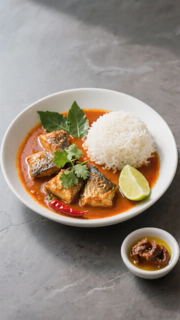 Final dish presentation: Beautifully plated Goan Fish Curry in a low, wide white bowl, fish pieces n