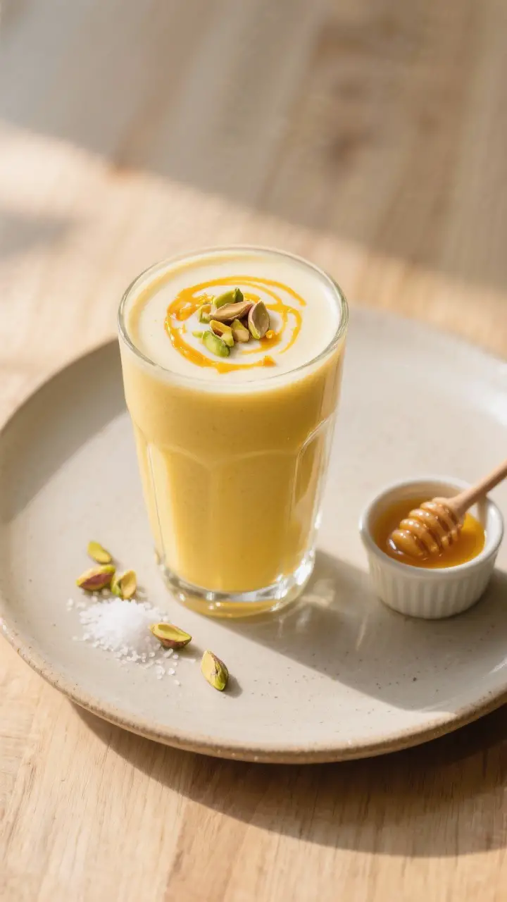 Final dish presentation: Beautifully plated mango lassi in a tall, clear glass with a creamy, even c