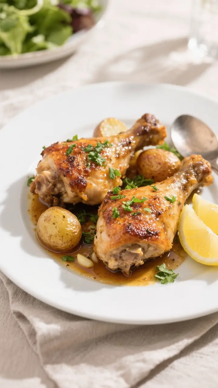 Final dish presentation: Beautifully plated One-Pan Garlic Herb Chicken Thighs—two thighs with dee