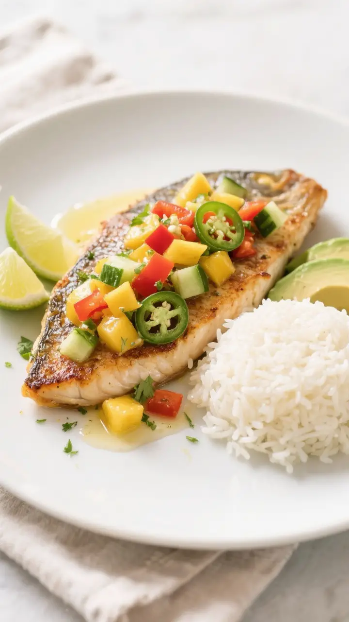 Final dish presentation: Beautifully plated Pan-Seared Tilapia with Mango Salsa on a matte white din