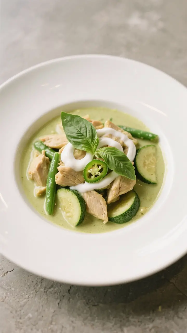 Final dish presentation: Beautifully plated Thai green curry with chicken and vegetables, restaurant